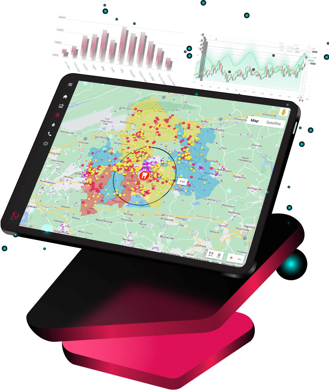 Tablet displaying a detailed geographic target analysis with map and data charts