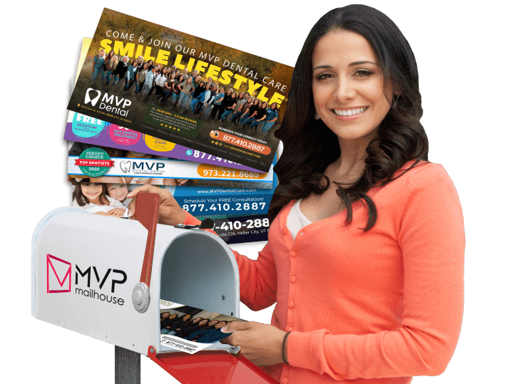A woman getting MVP Mailhouse postcard from a mailbox.