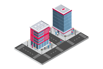 Isometric illustration of two buildings on a street corner, representing business-to-business services