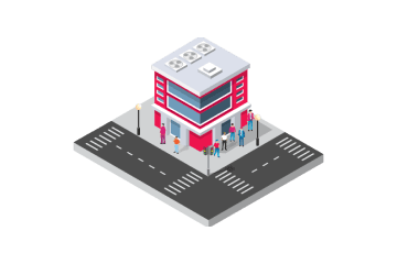 Isometric illustration of a modern corporate building representing an established business