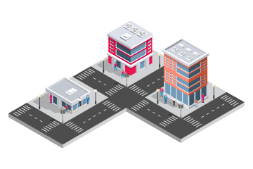 Isometric illustration of a modern corporate building representing an established business