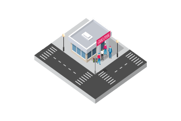 Isometric illustration of a small startup building with people and a 'Grand Opening' banner