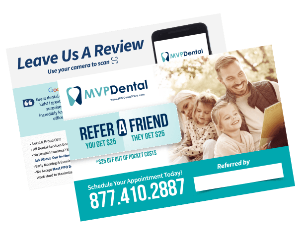 Dental membership promotional print featuring pricing and service benefits with a surprised female model.