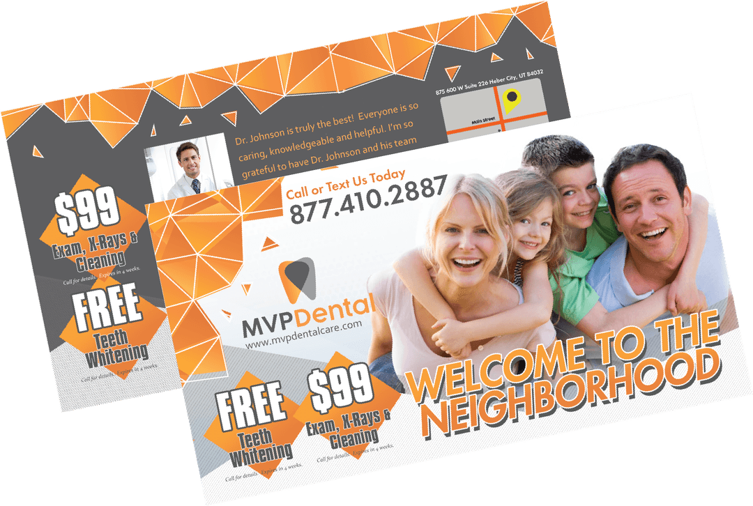 Promotional flyer for MVP Dental featuring a family and detailing services like exams and Invisalign treatment.