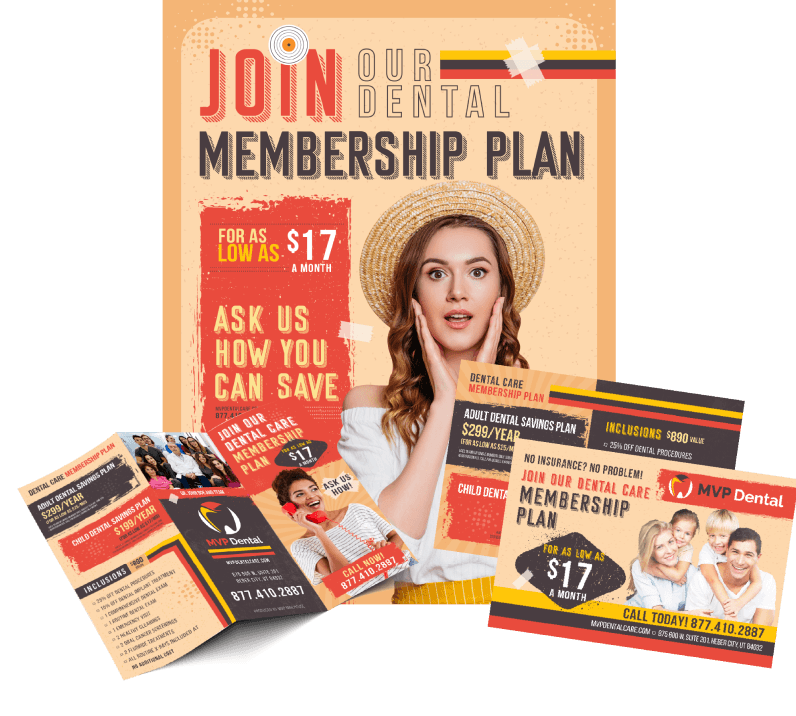 Dental membership promotional print featuring pricing and service benefits with a surprised female model.