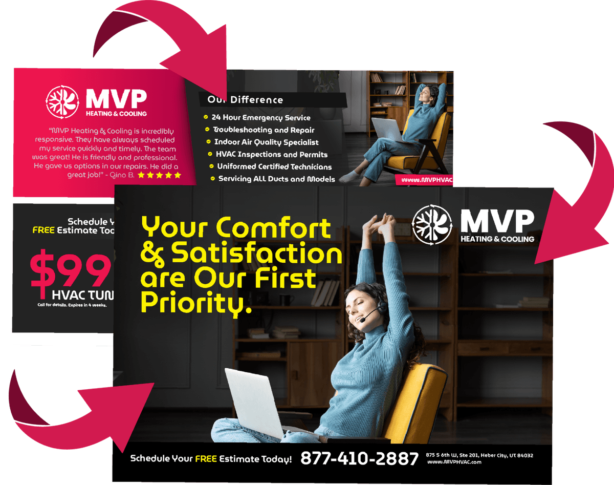 HVAC service promotion postcard featuring a woman comfortably relaxing, emphasizing customer satisfaction.