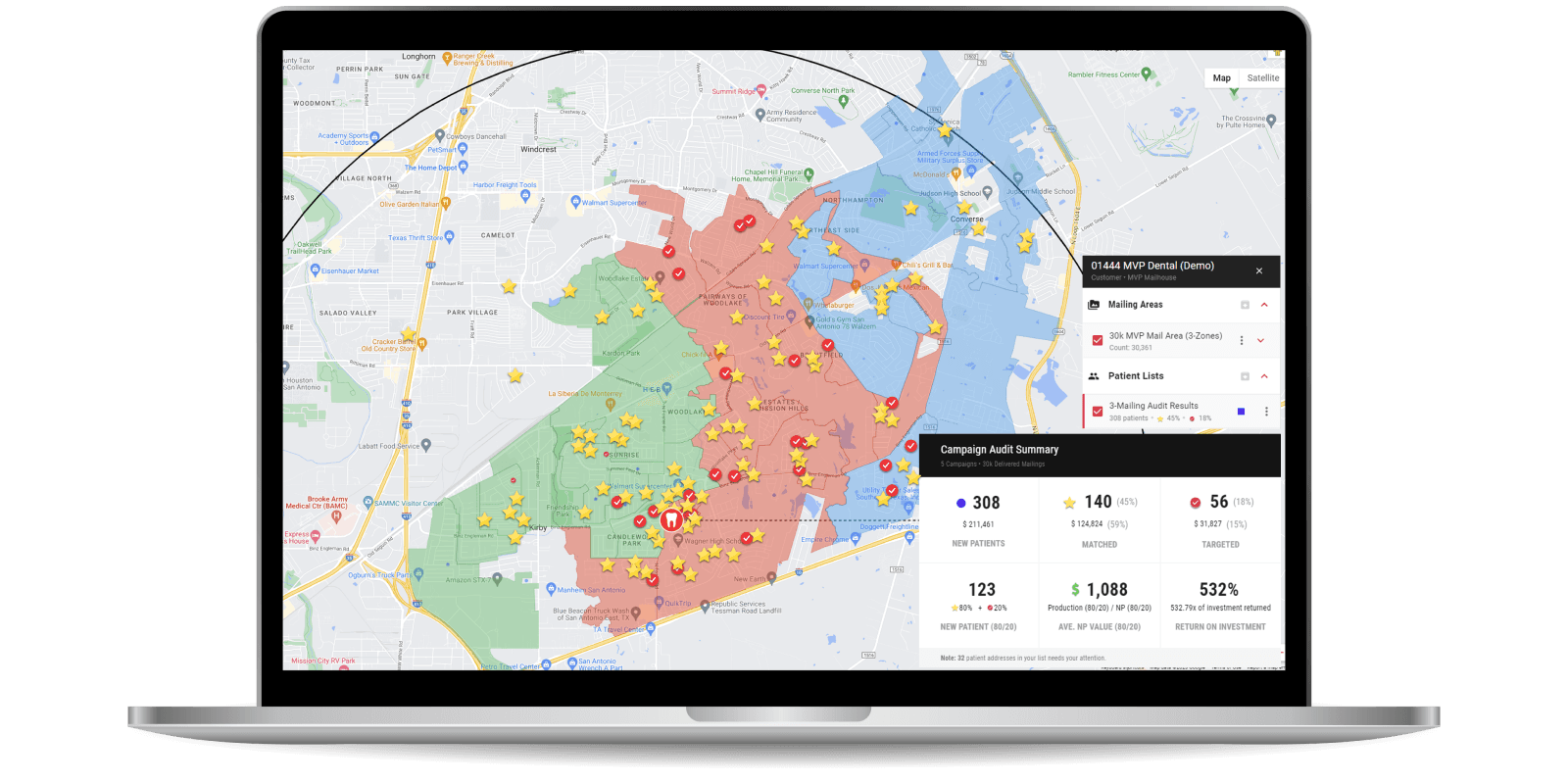 Geo-targeted marketing map showing campaign zones and results