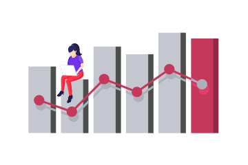 Illustration of a person sitting with a laptop by a large statistics chart