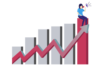 Woman standing on a red upward-trending graph, holding a megaphone, symbolizing aggressive business growth