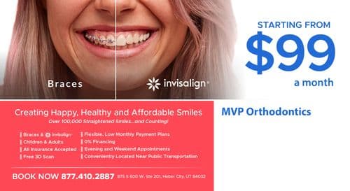 This postcard features a promotional advertisement for MVP Orthodontics, highlighting their affordable dental services starting from $99 a month. The left side shows a close-up of a smiling woman's face divided down the middle to compare braces and clear Invisalign aligners. Text on the right promotes 'Creating Happy, Healthy and Affordable Smiles' with key offerings such as braces and Invisalign for both children and adults, flexible payment plans, 0% financing, acceptance of all insurance, free 3D scans, and convenient locations near public transportation. The postcard prominently displays the contact information for MVP Orthodontics in Heber City, Utah, encouraging viewers to BOOK NOW.