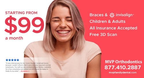 Promotional postcard for MVP Orthodontics featuring a young woman with braces smiling broadly, against a vibrant red background. The postcard advertises orthodontic services starting from $99 a month, highlighting braces and Invisalign for both children and adults. It notes that all insurances are accepted and mentions a free 3D scan offer. A customer testimonial from Avianna J. is featured at the bottom, praising the affordable services and friendly staff, alongside the clinic's contact information.