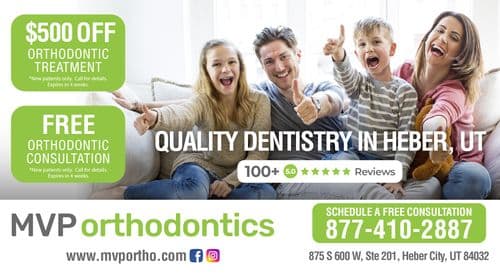 The front of the postcard features a vibrant family smiling on a couch, promoting MVP Orthodontics with the headline 'QUALITY DENTISTRY IN HEBER, UT' Offers like '$500 OFF Orthodontic Treatment' and 'FREE Orthodontic Consultation' are prominently displayed in green boxes. The clinic's logo, website, phone number, and positive customer reviews highlight their commitment to patient satisfaction. The layout is designed to attract families seeking dental care.