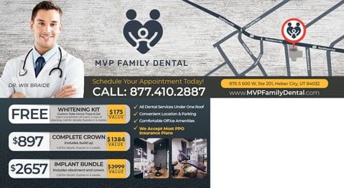 The back of the MVP Family Dental postcard showcases various offers and services. Features a professional male dentist, Dr. Wix Braide, presenting a free whitening kit. There are details about comprehensive dental services including crowns and implants with respective prices. A map showing the clinic's location in Heber City, Utah is highlighted, along with the contact and website information for booking appointments. The design is clean with a textured gray background.