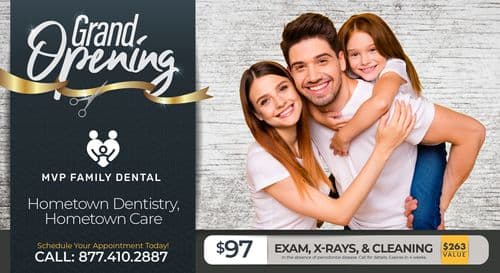 A promotional dental postcard featuring MVP Family Dental's grand opening. The postcard has a modern gray and white textured background with a golden ribbon stating 'Grand Opening'. A joyful family portrait shows a couple and their daughter smiling warmly. The text offers a $97 dental exam, X-rays, and cleaning package. The design includes the MVP Family Dental logo and contact information for scheduling appointments.
