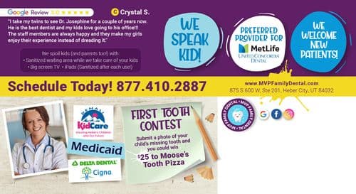 The back of the MVP Family Dental postcard provides a Google Review rating of 5.0 stars from a parent, praising Dr. Josephine Boone for her exceptional care. Features include a focus on child-friendly amenities like sanitized iPads and big-screen TVs for entertainment. The postcard highlights a 'First Tooth Contest' where participants can win a prize, and includes promotional offers like a free orthodontic consultation and accepts multiple insurance plans, targeting the local Heber City community with a playful and engaging design aimed at families.