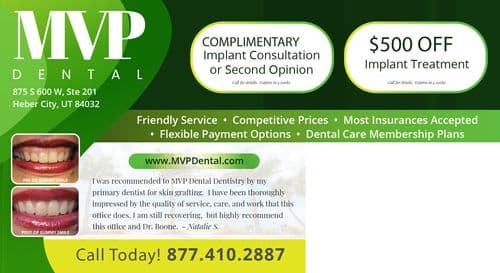 This advertisement from MVP Dental features a large, green, semicircular banner with the logo 'MVP DENTAL' at the top left. Below, a promotional offer highlights '$500 OFF Implant Treatment' and 'COMPLIMENTARY Implant Consultation or Second Opinion' with conditions. The right side displays a smiling woman before and after receiving dental treatment, labeled 'PRE OP GUMMY SMILE' and 'POST OP GUMMY SMILE.' A testimonial from Natalie S. praises the service, and a call to action prompts to 'Call Today! 877.410.2887' with the address and website for MVP Dental.