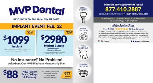 Back of MVP Dental postcard detailing various promotional offers and dental services. It presents a 'Grand Opening' theme with a price list for dental implants and family dentistry services, including a $1099 implant offer and a $2980 implant bundle. There's also a mention of a new patient exam and cleaning for $88. The card features Dr. Wix Delorey, Dr. Jerome Boone, Dr. Mhar Simons, Dr. Josephine Paige, and Dr. Ralp Hohl, emphasizing over 1,000 positive online reviews and the availability of a COVID stimulus membership plan.