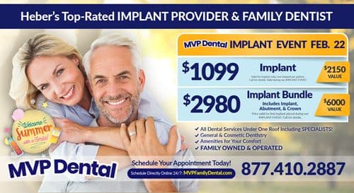 Front of MVP Dental postcard featuring a cheerful elderly couple hugging and smiling. The backdrop is a sunny sky with 'Welcome Summer with a Smile' text, emphasizing Heber's top-rated implant provider and family dentist services. Highlighted offers include $1099 for a single implant and $2980 for an implant bundle, celebrating an implant event on Feb. 22. The postcard also lists general and cosmetic dentistry services and a prompt to schedule appointments with contact information.