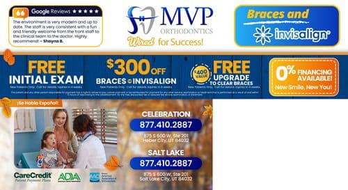 Back of the MVP Orthodontics promotional postcard featuring various offers. Includes a 'FREE Initial Exam', '$300 off Braces or Invisalign', and '0% Financing Available' for new patients. It also showcases multiple endorsements from Google Reviews praising the service. Other features include the CareCredit logo, ADA, and AAO logos, highlighting available patient payment plans and professional associations. The postcard also promotes its celebration event with phone numbers for both Heber and Salt Lake City locations.