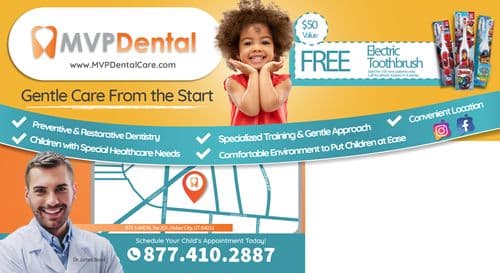 Back side of MVP Dental postcard highlights their child-friendly services with a joyful image of a young girl in a red dress smiling broadly. The postcard outlines services such as preventive and restorative dentistry and a special approach for children with healthcare needs. A free electric toothbrush offer for new patients is advertised alongside colorful toothbrush images. The lower section features an image of a male dentist, a map pin showing the location, and multiple contact options