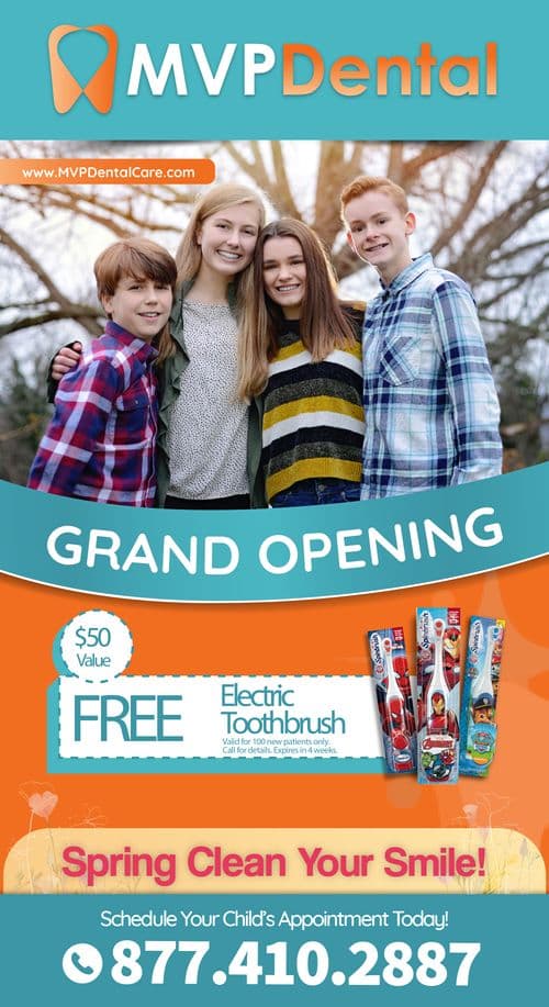 Promotional postcard for MVP Dental's grand opening featuring a family of four, with three smiling teenagers flanked by their happy parent in a natural outdoor setting. The top of the postcard includes the MVP Dental logo in orange, next to the website URL. The bottom section is vibrant with an orange and teal design announcing a grand opening, offering a free electric toothbrush for new patients, and encouraging scheduling appointments with the contact number prominently displayed.