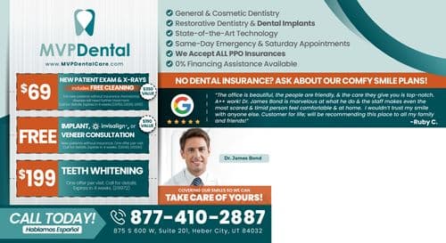Back side of MVP Dental postcard featuring various offers. It includes a $69 deal for a new patient exam and X-rays, a free implant, Invisalign, or veneer consultation, and a $199 teeth whitening offer. The postcard highlights services like general and cosmetic dentistry, state-of-the-art technology, and emergency appointments. There is also an image of Dr. James Bond and a quote from a satisfied customer praising the friendly environment and quality care.