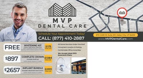 Promotional postcard for MVP Dental Care featuring Dr. Jordan Michaels. The postcard showcases a free whitening kit offer and prices for complete crowns and implant bundles. There's an image of a smiling male dentist in a lab coat on the left, and photos of a dental office and its exterior on the right. Key services like general, cosmetic, and restorative dentistry are listed alongside the benefits like convenient location and acceptance of most PPO insurance plans. The backdrop includes a stylized map marking the clinic's location.