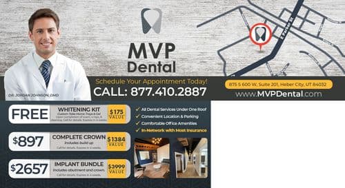 Back of MVP Dental postcard featuring Dr. Jordan Johnson, DMD, smiling in his lab coat against a textured gray background. The left side details a free whitening kit offer and pricing for various dental treatments, including a complete crown for $897 and an implant bundle for $2657. The MVP Dental logo is prominently displayed at the top left, and there's a map showing the clinic's location at 875 S 600 W, Suite 201, Heber City, UT 84032.