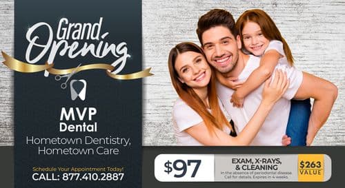 Front of MVP Dental postcard announcing the grand opening. Features a cheerful family of three smiling and hugging against a textured gray backdrop. Promotions include a $97 offer for an exam, X-rays, and cleaning, alongside a bold ribbon banner saying 'Grand Opening'. The postcard highlights the benefits of hometown dentistry and includes the clinic's contact information and website.