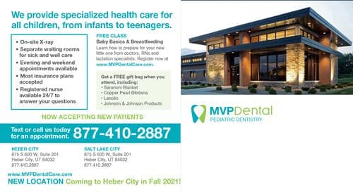 This postcard from MVP Dental Pediatric Dentistry offers a compelling mix of service details and architectural appeal. On the left side, a list of specialized health care services for children of all ages is presented, highlighting features like on-site X-ray, separate waiting rooms, and 24/7 nurse availability. Promotions such as a free class on baby basics and breastfeeding and a gift bag offer are also featured. The right side of the postcard features a modern, stylish building representing the dental practice, showcasing extensive glass windows and a mix of stone and dark paneling. The image emphasizes the welcoming and professional environment. Text overlays encourage scheduling an appointment and highlight the acceptance of new patients, along with contact information and a QR code for easy access. The design effectively merges detailed service information with a visually appealing presentation of the practice's facility.