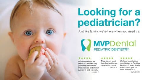 This postcard features a large image of a blue-eyed baby chewing on a wooden block, embodying the innocence and curiosity of childhood. The left side of the image showcases the child's face in clear, vibrant detail, emphasizing their bright eyes and curious expression. On the right, the postcard is adorned with the teal and green logo of MVP Dental Pediatric Dentistry, accompanied by the text 'Looking for a pediatrician? Just like family, we're here when you need us.' The design includes customer testimonials praising the care and dedication of the staff, highlighted with star ratings. This postcard combines a heartwarming visual with compelling service endorsements to appeal to families seeking compassionate pediatric dental care.