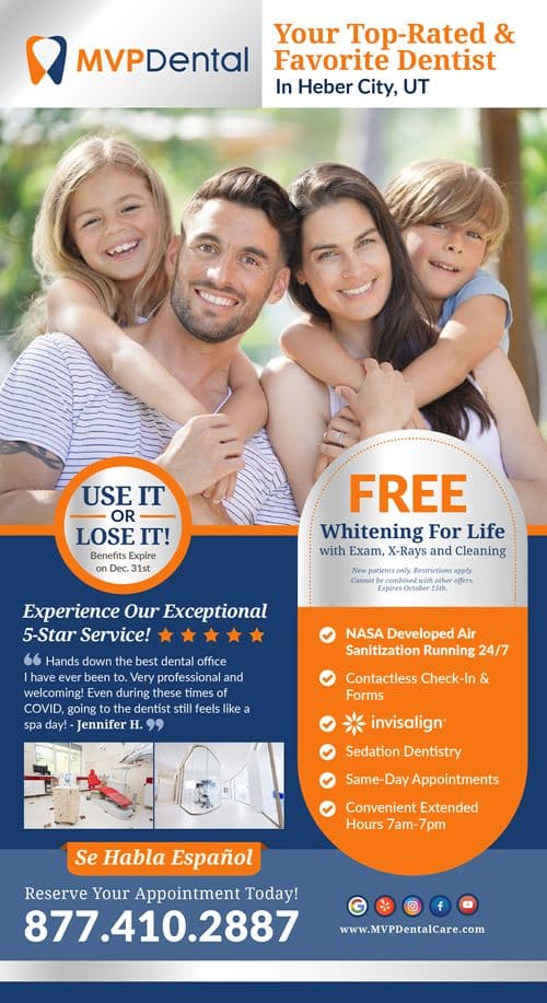 A promotional postcard from MVP Dental featuring a smiling family of four outdoors, emphasizing their 'Top-Rated & Favorite Dentist in Heber City, UT' status. The top section has the MVP Dental logo with the website. The middle offers 'FREE Whitening For Life' with specific conditions, and the lower half highlights their exceptional 5-star service with a testimonial from Jennifer H. Additional details include images of dental facilities, contactless check-in information, and available services like Invisalign and extended hours.