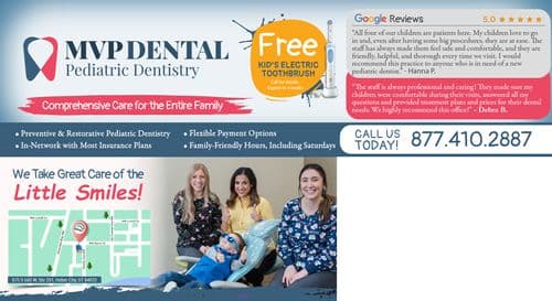 The back of the postcard shows a young child, seated in a dental chair, engaging playfully with a large plush dragon toy by brushing its teeth. A female dental professional in a black sweater assists him. The scene captures a friendly and comforting dental care environment for children. Prominent features include the free offer for a kid's electric toothbrush, service highlights like 'Preventive & Restorative Pediatric Dentistry', and flexible payment options, set against a light blue background with the clinic's contact details prominently displayed.