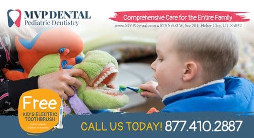The front of the postcard features a smiling group of four, all displaying happy expressions. The postcard highlights MVP Dental Pediatric Dentistry with text sections promoting 'Free Kids' Electric Toothbrush' and 'Comprehensive Care for the Entire Family'. The design includes blue and orange elements, a map with the clinic's location, and contact information at the bottom.