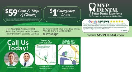 The back of the MVP Dental postcard continues the theme of affordability and accessibility in dental care, featuring an offer of $59 for an exam, X-rays, and cleaning. The left side shows Dr. Kathrin Bernardo and Dr. Daniel John Ford Padilla, against a backdrop of the clinic’s interior. Additional services such as emergency appointments and cosmetic dentistry are listed along the left margin. The postcard also promotes their wide network including Blue Cross Blue Shield and Delta Dental. A map indicates their Heber City location for easy navigation.