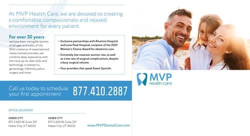 This postcard from MVP Health Care promotes their dedicated healthcare services with a focus on creating a comfortable environment for every patient. The left side of the postcard outlines their longstanding commitment to women's health for over 30 years, highlighting their balanced approach of seasoned and newly-trained providers in various specialties including obstetrics and gynecology. Key achievements such as partnerships with Riverton and Lone Peak Hospital, and accolades like the Women's Choice Award, are noted. On the right, a joyful family photo captures a moment of happiness with a smiling couple and their daughter, illustrating the personal impact of their healthcare services. The call to action encourages scheduling an appointment, supported by contact information and website details prominently displayed at the bottom.