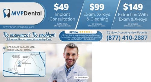 Back side of the MVP Dental postcard showcasing various promotional offers. Includes a $49 implant consultation, a $99 exam with X-rays and cleaning, and a $149 extraction with exam and X-rays. Each offer is presented within blue panels against a white background for clarity. Features a photo of Dr. James Bond, a male dentist smiling confidently. A customer review praising the service is highlighted along with the clinic's no-insurance policy, promoting their in-house membership plan. Contact and website information is provided for easy appointment scheduling.