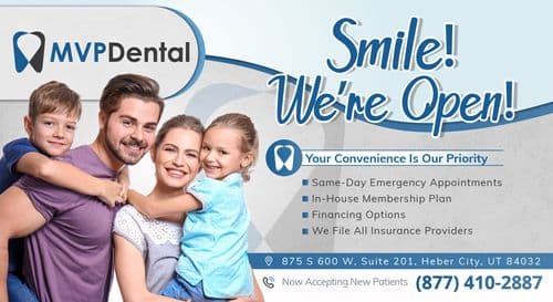 Promotional postcard for MVP Dental. Features a smiling family of four, with two adults and two children, indicating the practice's family-friendly environment. The postcard promotes the dental clinic as 'Your Convenience Is Our Priority' and lists services like 'Same-Day Emergency Appointments' and 'In-House Membership Plan.' Contact details for MVP Dental in Heber City, including the phone number (877) 410-2887, are prominently displayed. The design incorporates a soft blue and white color scheme with dental care symbols.