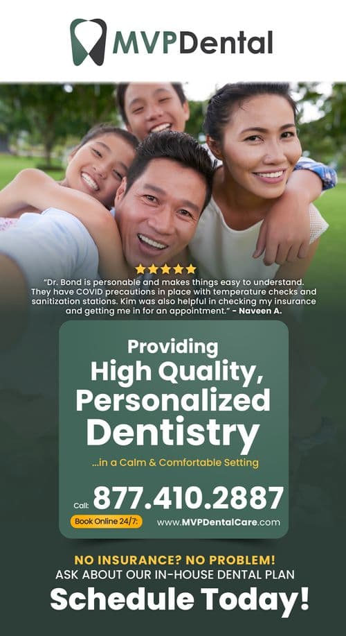 Promotional dental postcard from MVP Dental featuring a multiracial family with two adults and two children smiling joyfully in an outdoor setting. The postcard highlights 'Providing High Quality, Personalized Dentistry in a Calm & Comfortable Setting'. Notable offerings include 'Free Whitening For Life with Exam, X-Rays and Cleaning' for new patients, prominently displayed contact information, and a call to 'Schedule Today' with accessibility noted for online booking. The design incorporates the MVP Dental logo, with a calming green color scheme.