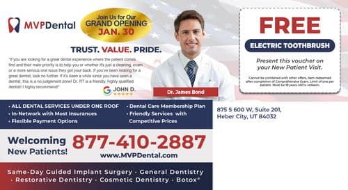 The back of the MVP Dental Grand Opening postcard continues the patriotic theme and introduces Dr. James Bond with his professional photo. The text praises Dr. Bond’s patient-first approach and lists services such as guided implant surgery and Botox alongside general dentistry. The ad highlights a free electric toothbrush offer for new patients, underlining the clinic's full range of services, in-network insurance coverage, and flexible payment options. The postcard combines informative content with promotional offers to attract new patients.