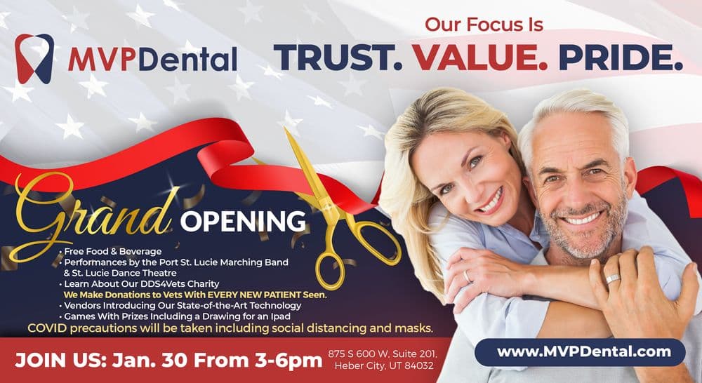This image features a promotional graphic for MVP Dental's Grand Opening event. A grand opening ribbon cutting scene. A mature couple is smiling warmly, with the man embracing the woman from behind. Text overlay reads 'Our Focus Is TRUST. VALUE. PRIDE' and details the event offerings like free food, performances, and a charity initiative. Event details include the date and time, and the image emphasizes COVID precautions.