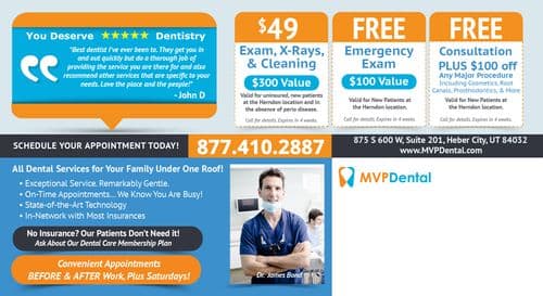 Back of the MVP Dental promotional postcard showcasing service details and patient testimonials. Offers repeated from the front include $49 exams and cleaning, free emergency exams, and significant discounts on major procedures. A large, central image of Dr. James Bond in dental attire enhances trust and approachability. The background includes a blue and orange design with additional patient praise highlighted, emphasizing quality and patient satisfaction. All services are underlined by their commitment to convenience and quality care, including availability before and after work, plus Saturdays.