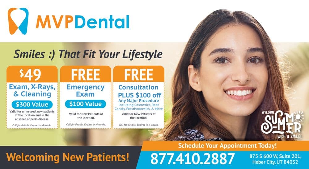Promotional postcard for MVP Dental featuring a bright and inviting design. The card displays various dental service promotions with a smiling young woman featured prominently. Offers include a $49 exam, X-Rays, and cleaning, a free emergency exam, and a free consultation plus $100 off any major procedure. The background is a cheerful yellow and green gradient with the tagline 'Smiles :) That Fit Your Lifestyle'. Contact information and a welcome message for new patients are also provided.