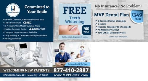 This side of the MVP Dental postcard details the dental services and promotions offered. It features a clean, professional design with images of dental care in action, showcasing modern dental equipment and a friendly male dentist. Promotions include a free teeth whitening offer and a discounted annual dental plan, highlighted with check marks listing services covered. The design reinforces the clinic's commitment to quality and comprehensive dental care, stating flexibility in appointments and payment options, aiming to attract new patients with competitive benefits.