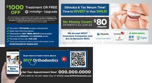 The back of the postcard details the promotional offers from MVP Orthodontics with a sleek and professional design. It highlights a '$1000 Off Treatment OR FREE Invisalign Upgrade' offer with conditions and a QR code for easy access to more information. The card lists several benefits of choosing MVP Orthodontics, including top-rated services, super-easy financing options, and orthodontics for all ages. An additional promotional message emphasizes the affordability with 'No Money Down! Payments as low as $80/month', supported by logos of various insurance companies they are in-network with. The bottom of the card features a phone number and website for scheduling appointments.