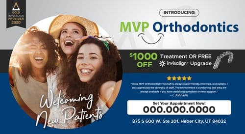 The front side of the postcard features a vibrant group of three young women, all smiling joyfully. They are diverse in ethnicity, depicting a positive and inclusive image. The top left corner proudly displays the logo for MVP Orthodontics and mentions 'GOLD Invisalign Provider 2020'. The main text introduces MVP Orthodontics and offers '$1000 off treatment or a free Invisalign upgrade'. A testimonial from a happy patient praises the friendly and diverse staff. The call to action at the bottom invites viewers to 'Set Your Appointment Now!' with a placeholder for a phone number, emphasizing the welcoming of new patients.