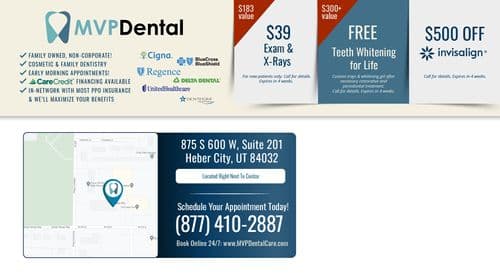 This promotional postcard from MVP Dental features a clean design outlining their services and special offers. The left side lists practice attributes such as family ownership, early appointments, and partnership with major PPO insurances. Promotions on the right include discounted exams, free teeth whitening, and a significant discount on Invisalign®. Contact information and a location map are included at the bottom, highlighting the clinic's convenient placement next to Costco in Heber City, Utah.