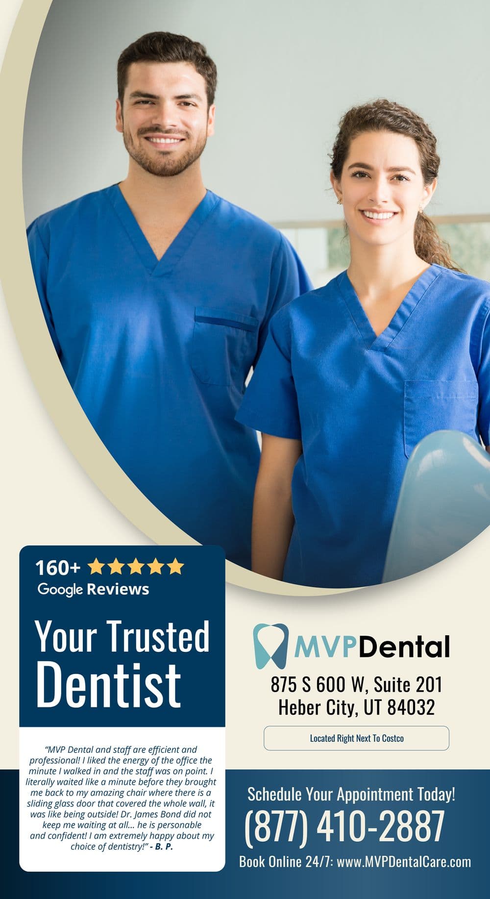This promotional postcard for MVP Dental features a portrait of two young, cheerful dentists, a man and a woman, dressed in blue scrubs, symbolizing trust and professionalism in dental care. They are smiling confidently, standing in a bright, modern dental office environment. The left side of the postcard showcases over 160 positive Google reviews, reinforcing their reputation. The main message, 'Your Trusted Dentist' is prominently displayed, emphasizing their reliability. Below, a patient testimonial praises the efficiency, professional ambiance of the office, and personal care provided, particularly highlighting an innovative office design that includes a full-wall sliding glass door. Contact information and an invitation to schedule an appointment online or by phone are clearly provided at the bottom.
