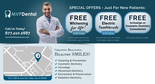 This side of the postcard focuses on special offers for new patients, featuring three main promotions: free whitening for life, a free electric toothbrush, and a free Invisalign or cosmetic dentistry consultation. It includes a portrait of Dr. James Bond, who is depicted in a dentist's lab coat, smiling confidently. Below, key services are listed such as cleaning and prevention, cosmetic dentistry, and more. There’s also a map indicating the clinic's location with the address provided.
