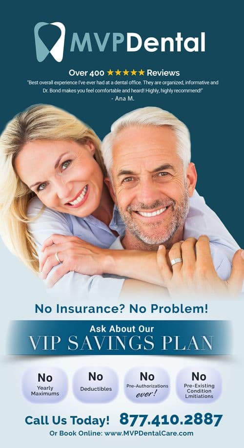 This postcard features the logo of MVP Dental at the top, with a five-star review quote from a satisfied customer named Ana M. Below the quote, a middle-aged couple is smiling warmly, symbolizing contentment and trust. The bottom section advertises MVP Dental’s VIP Savings Plan, which highlights benefits such as no yearly maximums, no deductibles, and no pre-existing condition limitations. The call to action is 'Call Us Today!' with the phone number and website prominently displayed.